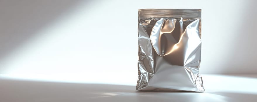 Silver foil pouch on white background, product packaging concept.