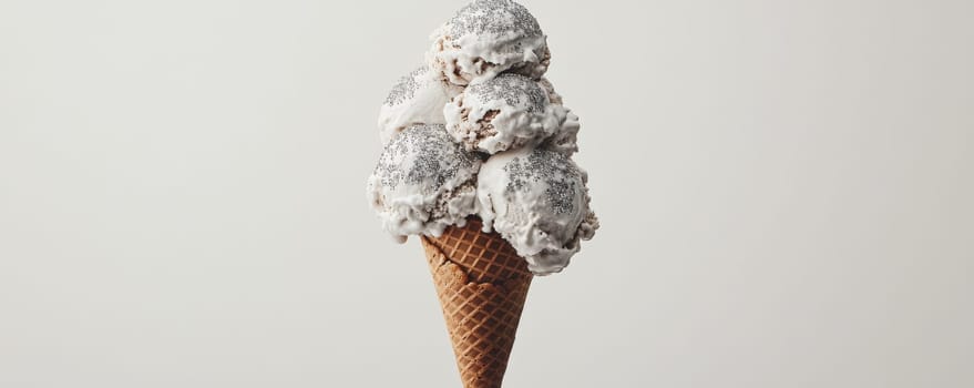 Ice cream cone with scoops of vanilla ice cream and sprinkles.