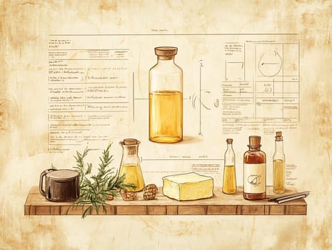 A collection of bottles filled with oils sits atop a wooden table, accompanied by a block of butter, herbs, and detailed notes explaining their uses and properties.