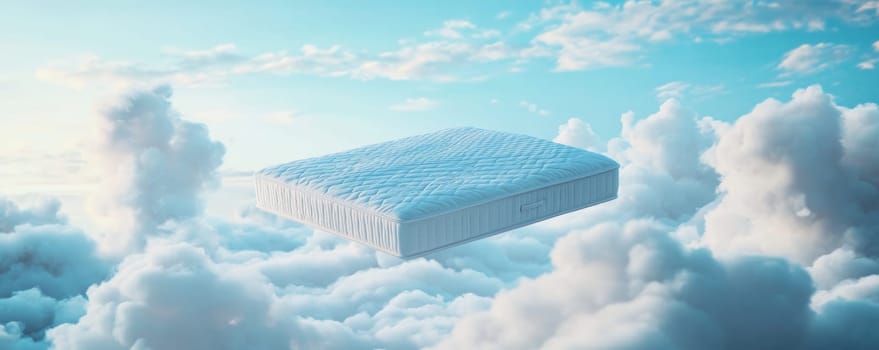 floating mattress among clouds in a serene sky, dream concept.