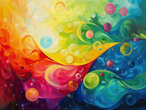 This artwork showcases a mesmerizing blend of colors, with vivid swirling patterns and bubbles interspersed throughout. The rainbow hues create a dynamic, lively effect.