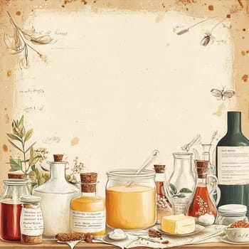 A collection of jars and bottles filled with various spices, herbs, and natural ingredients is arranged on a rustic wooden table, creating a warm and inviting atmosphere.