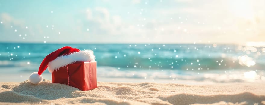 Gift box with santa hat on beach, festive coastal scene. holiday celebration and tropical christmas concept.