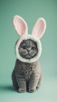 Gray kitten wearing bunny ears on green background, playful concept.