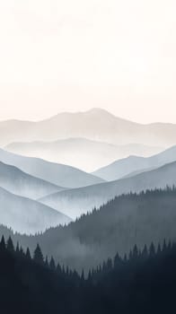 Misty mountain landscape with layered forest, serene atmosphere. Nature and tranquility concept.