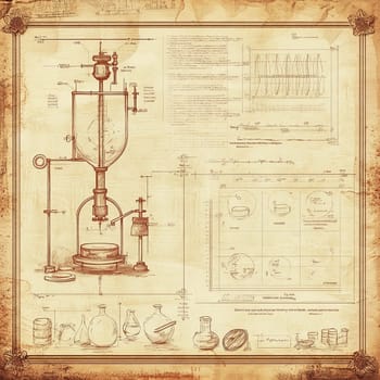 The illustration reveals a detailed blueprint of a distillation apparatus, featuring various laboratory glassware and precise measurements, highlighting 19th-century scientific design.