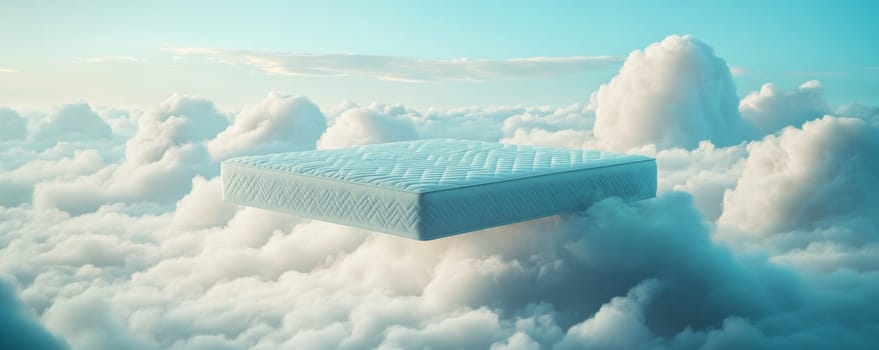 Floating mattress among fluffy clouds in bright sky, dreamlike and surreal concept.