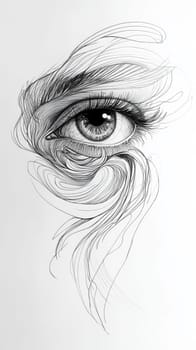 Intricate pen drawing of a human eye with swirling lines on a white background.