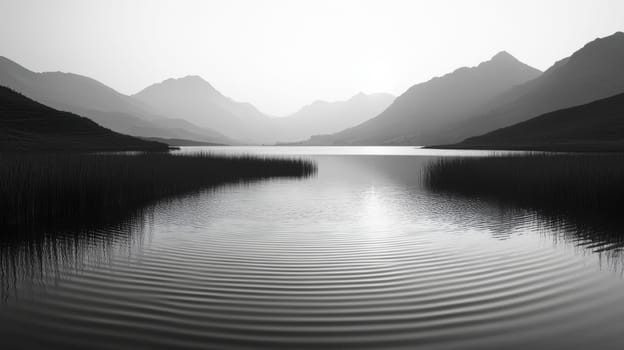 Serene mountain lake with ripples at dusk, peaceful nature and tranquility concept.