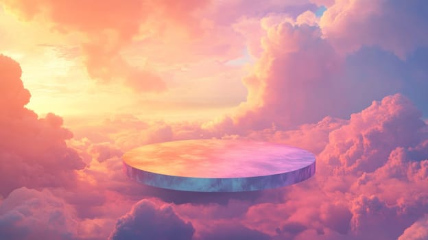 Floating platform in a vibrant sunset sky, surreal dream scape. Fantasy concept.