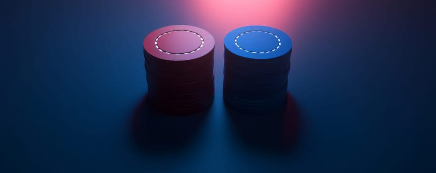 Stack of red and blue poker chips under neon light.