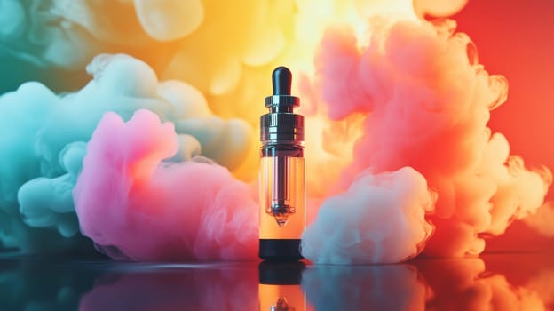 Vape pen with colorful vapor clouds, abstract art concept.