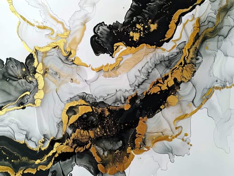 An intricate display of swirling black and white hues intertwined with striking gold accents creates a dramatic and elegant visual experience, enhancing any modern space.