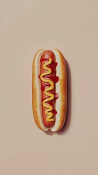 Hot dog with ketchup and mustard on neutral background.