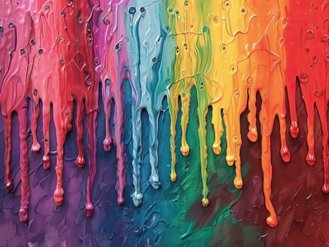 Vivid paint in rainbow hues drips down a textured surface, showcasing a blend of colors from red to purple in an art studio environment, highlighting creativity.