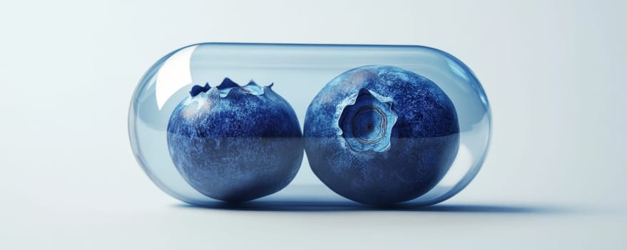 Blueberries inside a transparent capsule, creative health concept.