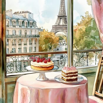 A beautiful balcony scene showcases two tempting cakes on a table. The Eiffel Tower rises elegantly in the background, creating a quintessential Parisian atmosphere.