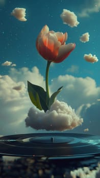 Surreal floating tulip growing from cloud above vinyl record.