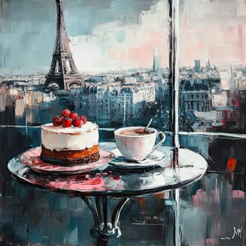 A delicious cake with raspberries sits on a table next to a cup of coffee, overlooking the iconic Eiffel Tower and the vibrant Paris skyline on a sunny day.