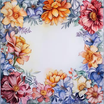 This artwork showcases a beautiful array of flowers including peonies, dahlias, and roses in a circular layout, with vivid colors creating an inviting border around a blank center.
