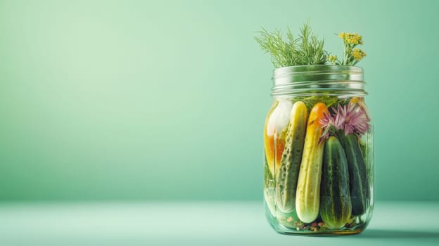 Jar of pickled cucumbers and herbs on green background.