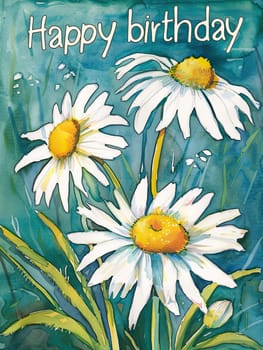 A cheerful birthday card displays three blooming daisies with bright yellow centers against a calming blue background, conveying joy and celebration.