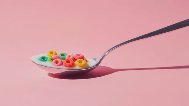 Spoon of colorful cereal with milk on pink background, minimalist food concept.