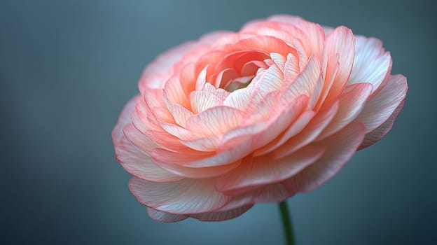 Close-up of a pink ranunculus flower with delicate petals on a soft blue background. Nature and beauty concept.
