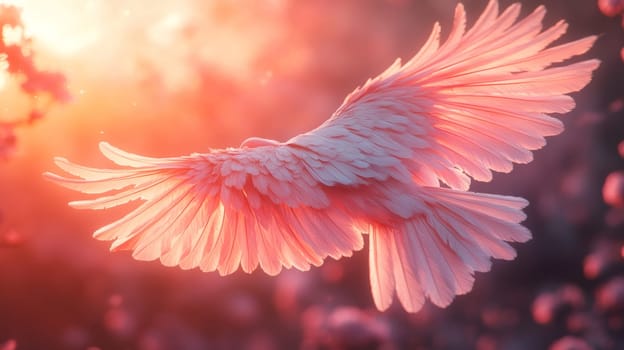 Angel wings in a sunset glow, ethereal beauty concept.