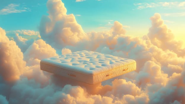 Floating mattress on fluffy clouds, ethereal dreamscape concept.