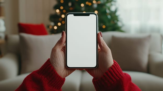 person holding smartphone with blank white screen, surrounded by cozy living room decorated for holidays. warm atmosphere is enhanced by Christmas tree in background.