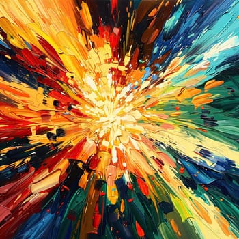 This artwork displays a vibrant explosion of colors blending and radiating outward, creating a sense of movement and energy. The dynamic brushstrokes emphasize the lively palette.