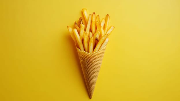 Fries in a waffle cone on yellow background, creative food concept.
