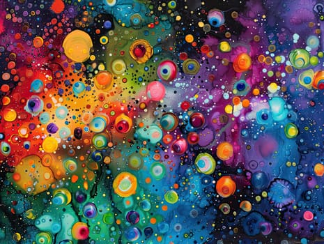This artwork showcases a captivating blend of vibrant colors and circular shapes resembling celestial bodies, creating an imaginative galaxy-like effect.
