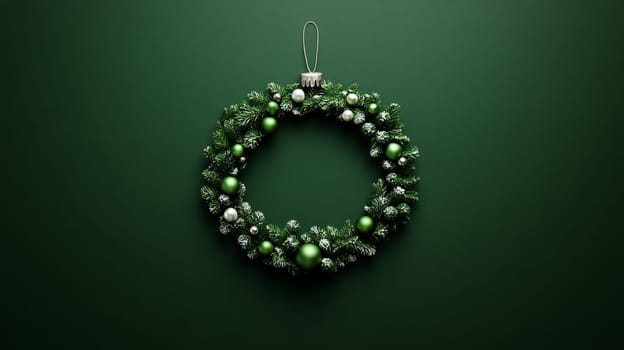 Christmas wreath with green and silver ornaments on a dark green background. Festive decoration and holiday celebration concept.