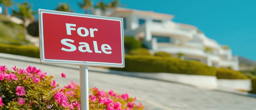 vibrant For Sale sign stands prominently in front of modern home, surrounded by colorful flowers, capturing essence of real estate opportunities.