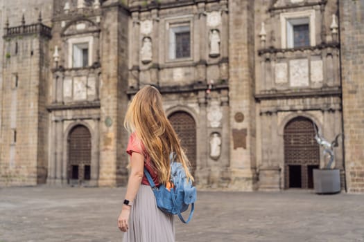 Female tourist in front of Catedral de Puebla, Mexico. Travel, cultural heritage, and historic architecture exploration concept.