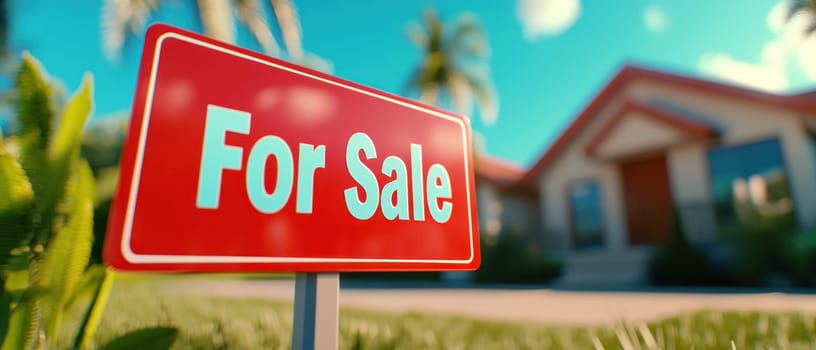 vibrant For Sale sign stands prominently in front of modern house, surrounded by lush greenery and palm trees, inviting potential buyers to explore property.