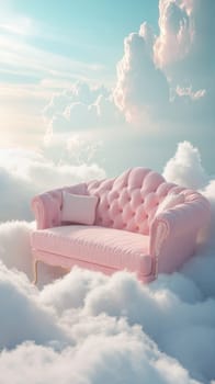 Pink sofa among clouds, dreamlike fantasy setting.