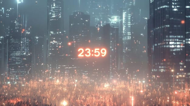 Large crowd is gathering in a futuristic city at night, illuminated by glowing lights and a digital clock counting down the last minute of the year