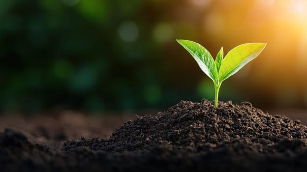 young green plant emerges from rich soil, symbolizing growth and sustainability in vibrant, eco friendly environment. sunlight enhances scene, evoking sense of hope and renewal.