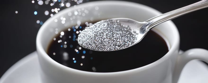 Spoonful of glitter in a cup of coffee, creative concept for abstract art.