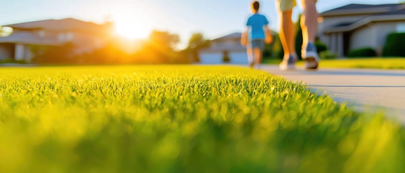 Walking on sunny suburban street, man and child enjoy vibrant green grass and warm sunlight. scene captures joyful moment in peaceful neighborhood.