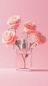 Pink roses in a perfume bottle on a pink background, floral fragrance concept.