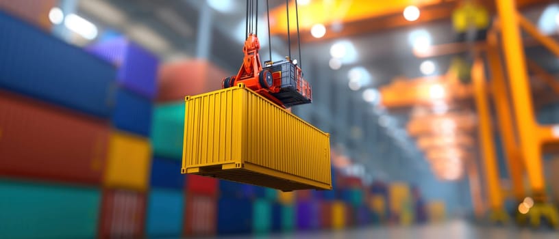 close up shot of crane lifting yellow shipping container in busy warehouse, showcasing industrial operations and logistics. vibrant colors of stacked containers create dynamic background.
