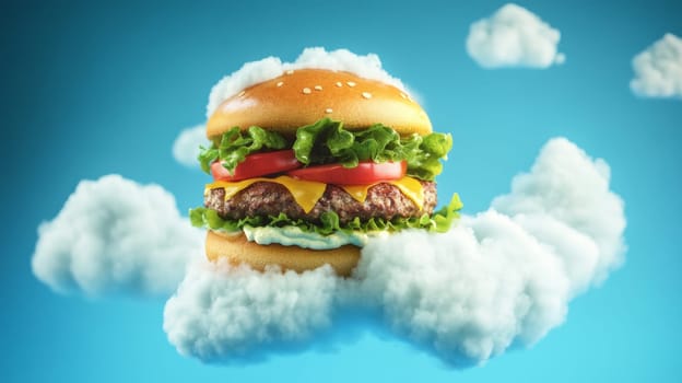 Floating cheeseburger in a blue sky with clouds, surreal concept.