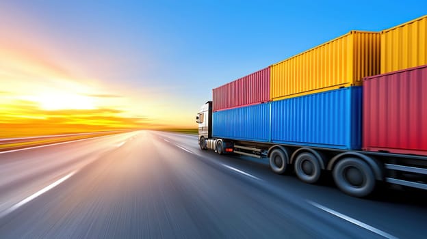container truck driving down highway at sunrise, showcasing vibrant colors of sky and cargo. scene conveys sense of movement and adventure.