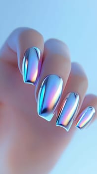 Holographic chrome nails close-up, futuristic style. Beauty and fashion concept.