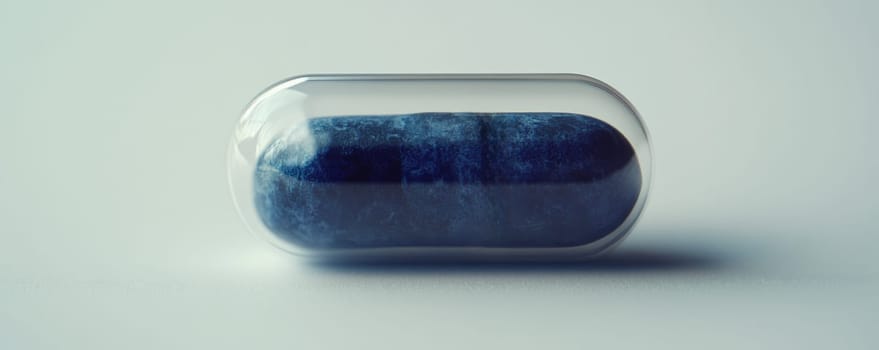 Blue capsule on white background, close-up view. Pharmaceutical and health concept.