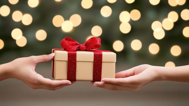 warm exchange of beautifully wrapped gift in festive atmosphere, symbolizing joy and generosity during holiday season.